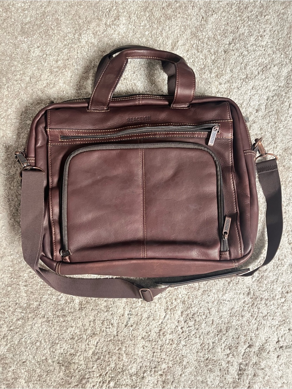 Kenneth Cole Reaction Dark Brown Leather Laptop Briefcase 16” W Crossbody